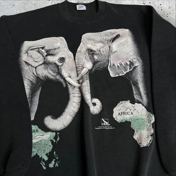 1992‎ CRES Jerzees Nature Elephants Asia Africa Black T Shirt Size XL